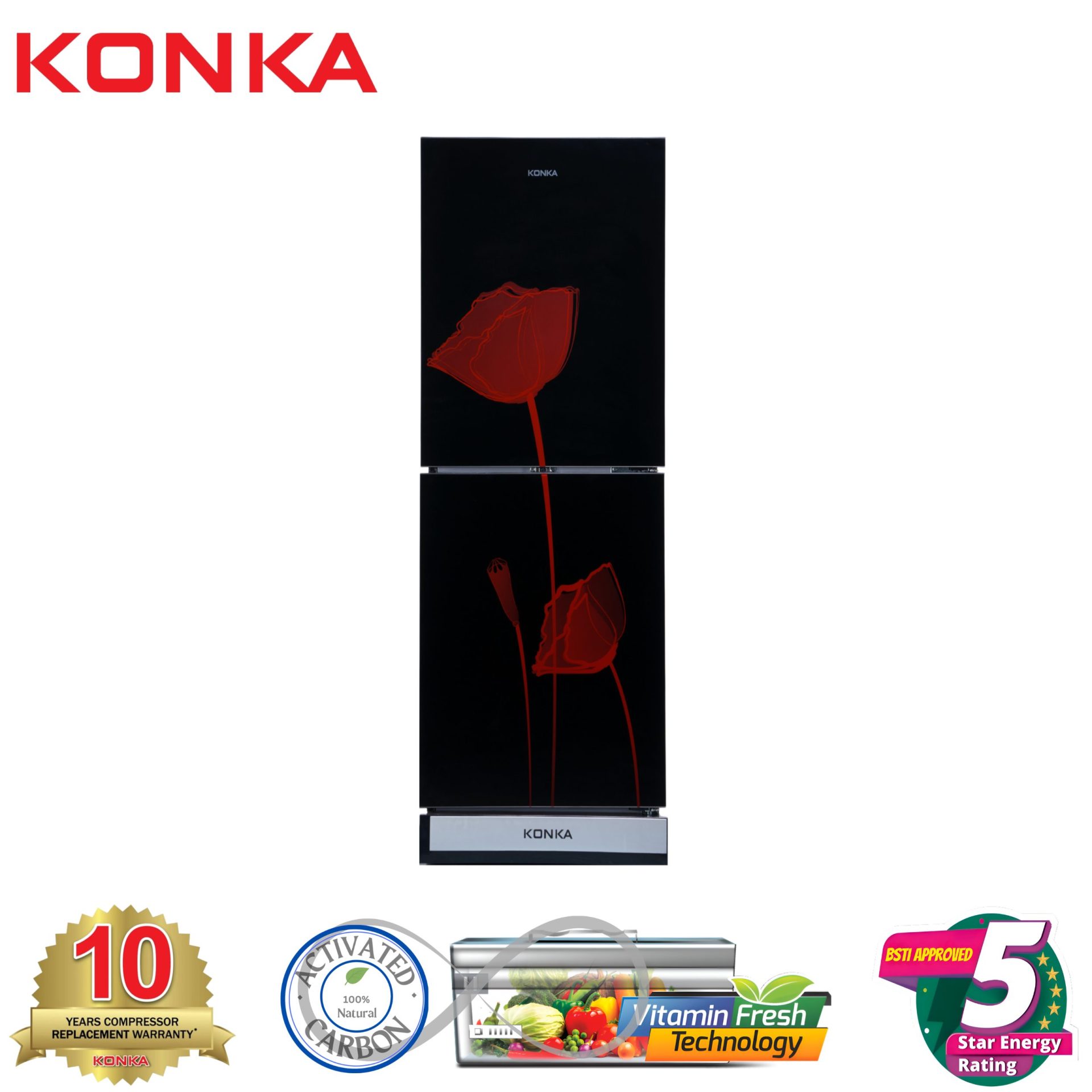 KONKA Refrigerator-KRB-270VB- Glass Mirror Red Tulip, Bottom Freezer (270 LTR)